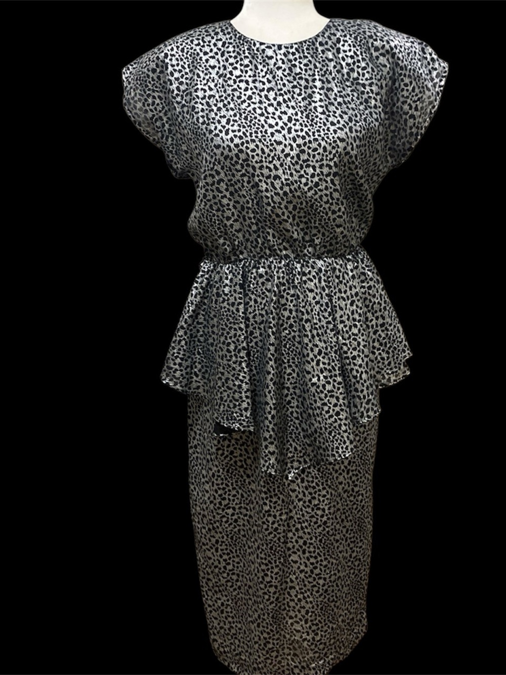 Vintage Animal Print Peplum Midi Dress - Black & Silver